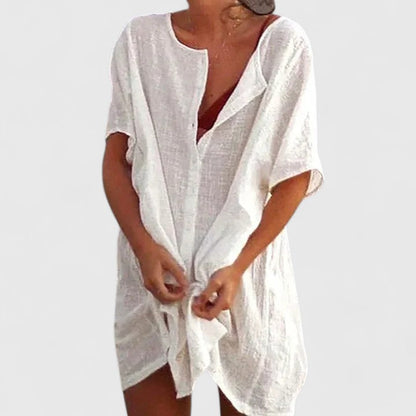 Vestido túnica elegante de algodón con escote en V profundo y corte suelto para mujer