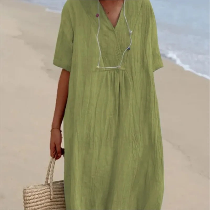 Vestido Informal con Textura de Lino y Escote en Pico | Estilo Relajado