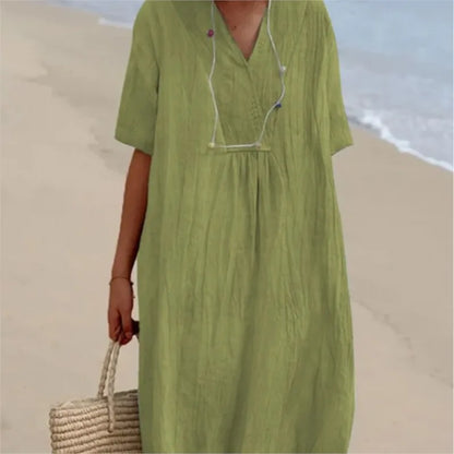 Vestido Informal con Textura de Lino y Escote en Pico | Estilo Relajado