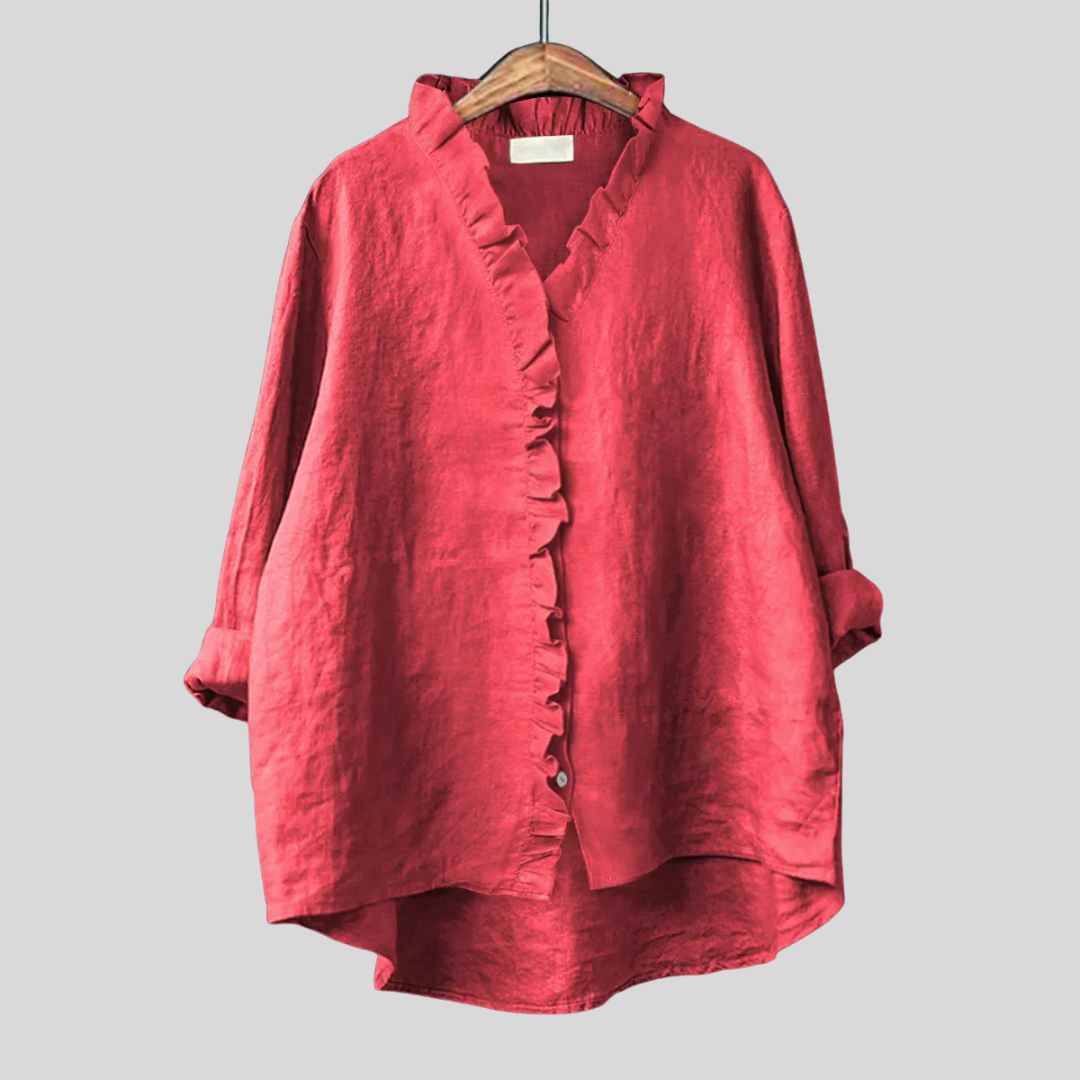 Camisa femenina con volantes de algodón y lino con diseño fluido para mujer, ligera y chic para verano