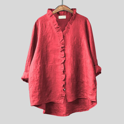 Camisa femenina con volantes de algodón y lino con diseño fluido para mujer, ligera y chic para verano
