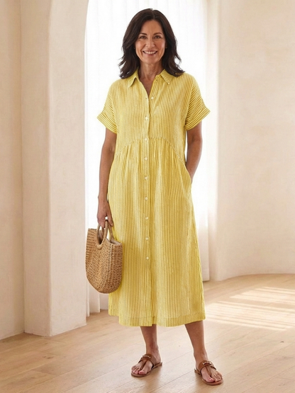 Vestido midi de rayas con botones en Verde y Amarillo - fresco y elegante