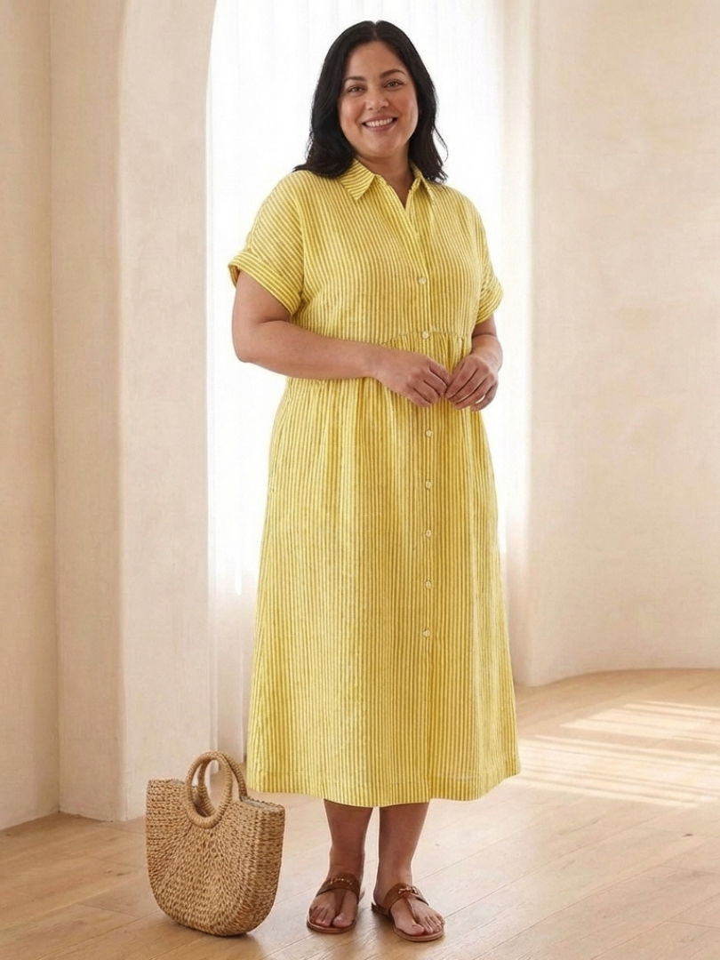 Vestido midi de rayas con botones en Verde y Amarillo - fresco y elegante