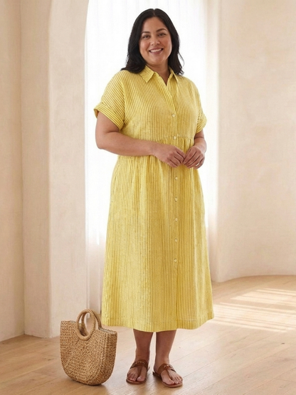 Vestido midi de rayas con botones en Verde y Amarillo - fresco y elegante