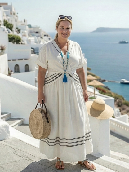 Vestido midi con cuello en V cruzado en Rayas - fresco y elegante