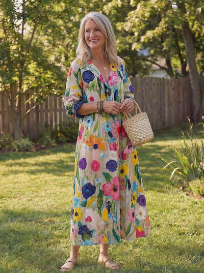 Vestido maxi botánico multicolor - fresco y elegante