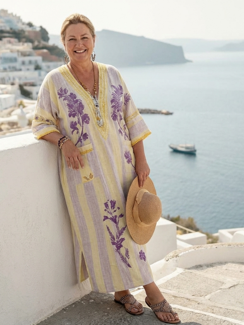 Vestido maxi floral con cuello en V en Beige - fresco y elegante