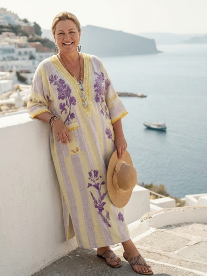 Vestido maxi floral con cuello en V en Beige - fresco y elegante