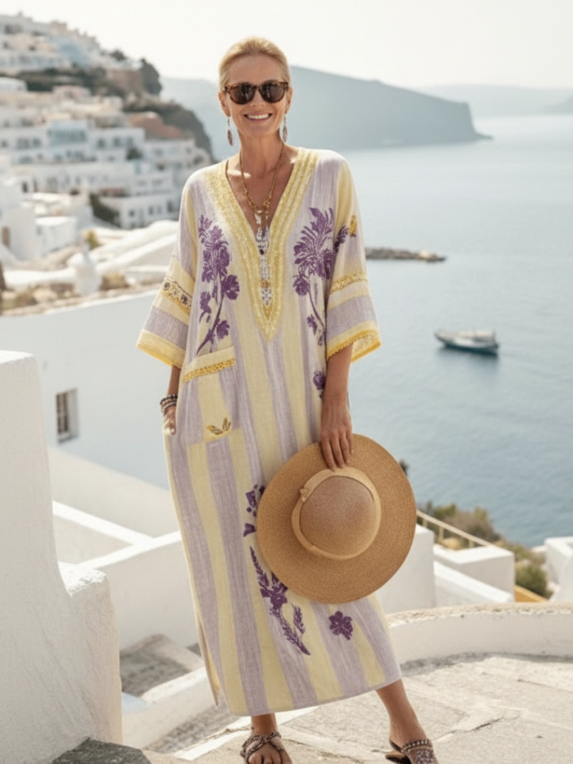 Vestido maxi floral con cuello en V en Beige - fresco y elegante