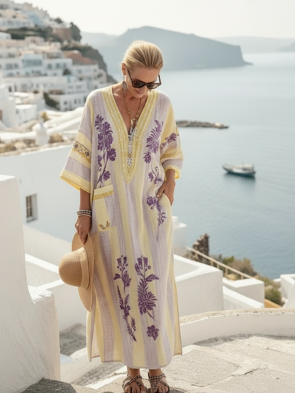 Vestido maxi floral con cuello en V en Beige - fresco y elegante
