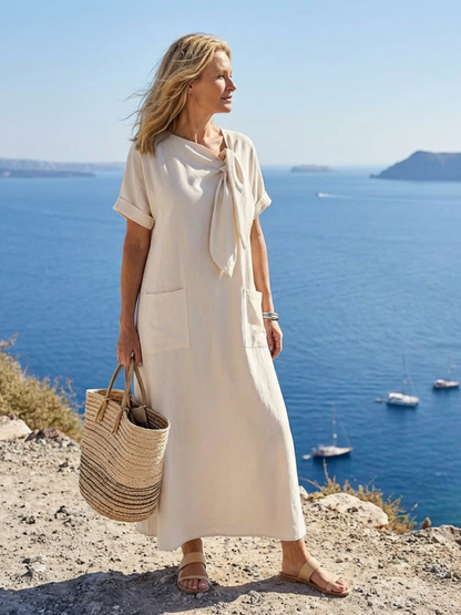 Vestido maxi con cuello redondo en Beige y Azul claro - fresco y elegante