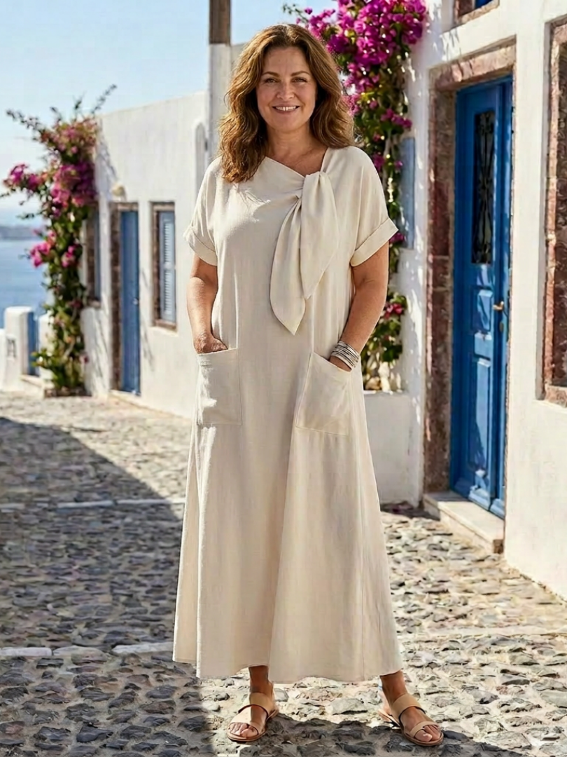 Vestido maxi con cuello redondo en Beige y Azul claro - fresco y elegante