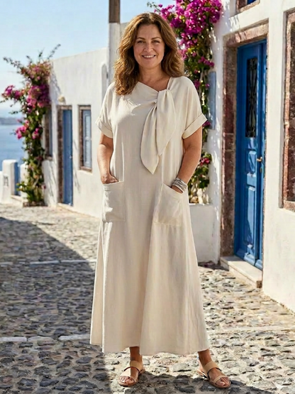 Vestido maxi con cuello redondo en Beige y Azul claro - fresco y elegante