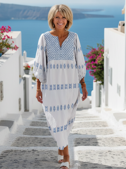 Vestido maxi manga larga con cuello en V bordado en Blanco - fresco y elegante