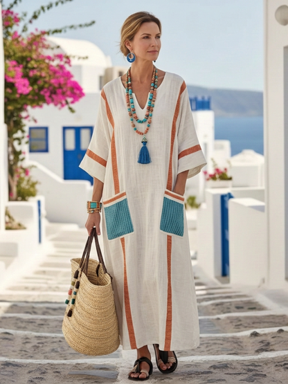 Vestido maxi con cuello en V en Marrón y Rosa - fresco y elegante