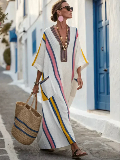 Vestido maxi con cuello en V en Marrón y Rosa - fresco y elegante