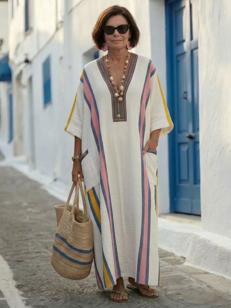Vestido maxi con cuello en V en Marrón y Rosa - fresco y elegante