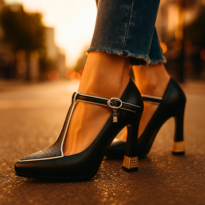 Tacones ortopédicos elegantes con correa en el empeine, punta cerrada y plantilla ergonómica para mujer, cómodos para oficina o evento