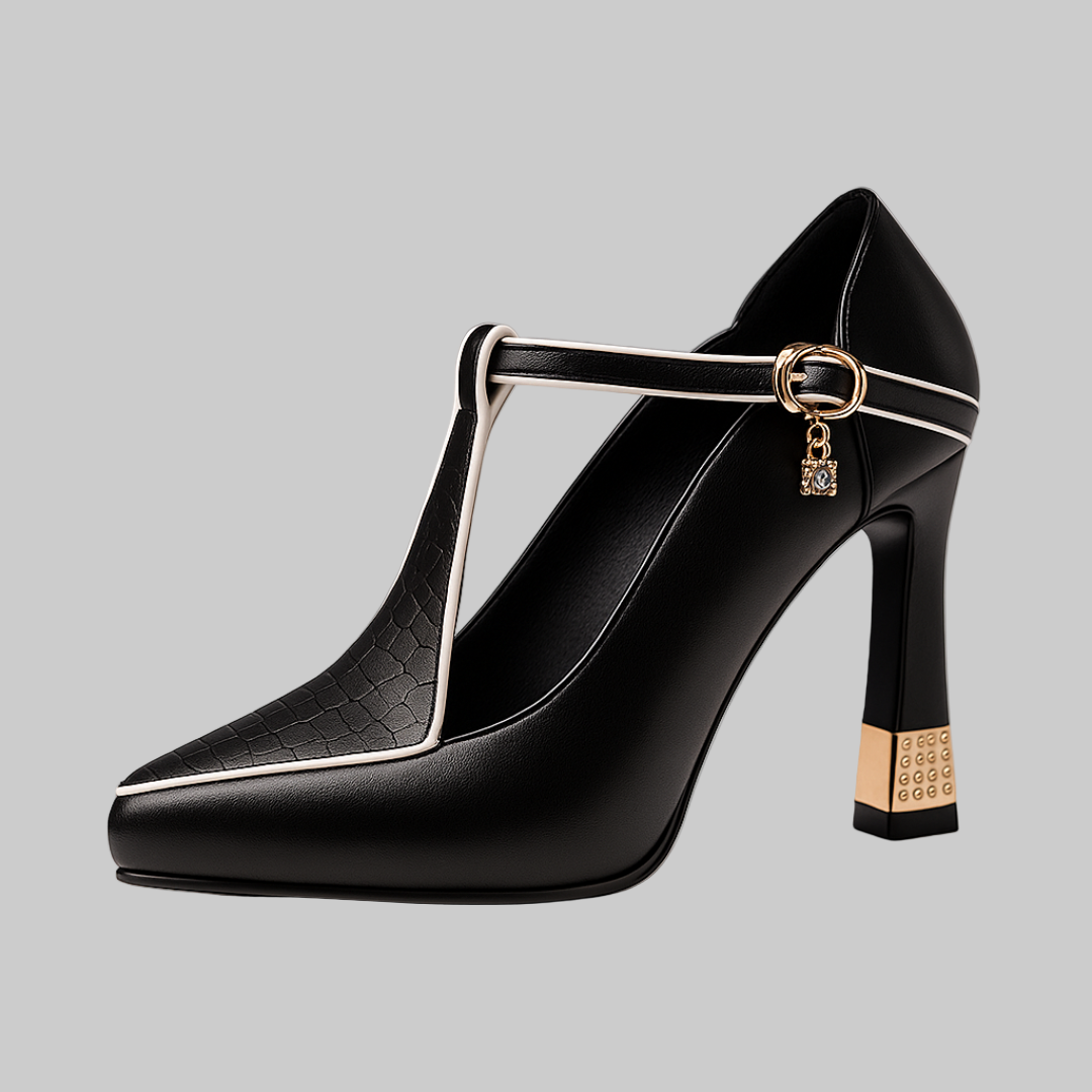 Tacones ortopédicos elegantes con correa en el empeine, punta cerrada y plantilla ergonómica para mujer, cómodos para oficina o evento
