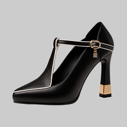 Tacones ortopédicos elegantes con correa en el empeine, punta cerrada y plantilla ergonómica para mujer, cómodos para oficina o evento