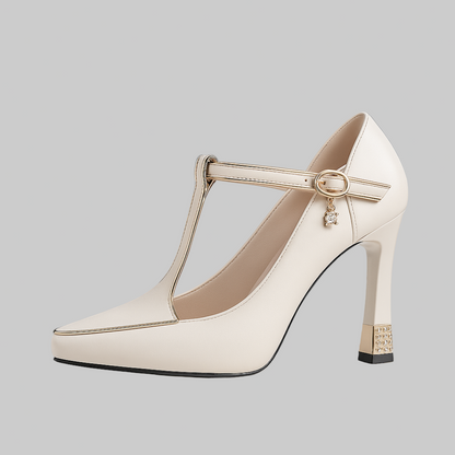 Tacones ortopédicos elegantes con correa en el empeine, punta cerrada y plantilla ergonómica para mujer, cómodos para oficina o evento