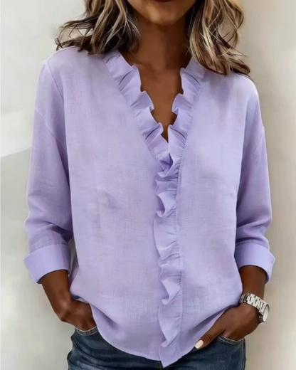 Blusa femenina con volantes, cuello en V y corte fluido para mujer, cómoda y sofisticada