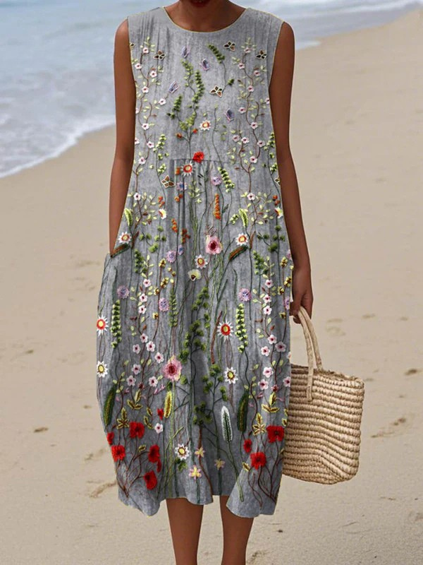 Vestido midi para mujer con estampado de flores silvestres, sin mangas y confeccionado en tejido ligero