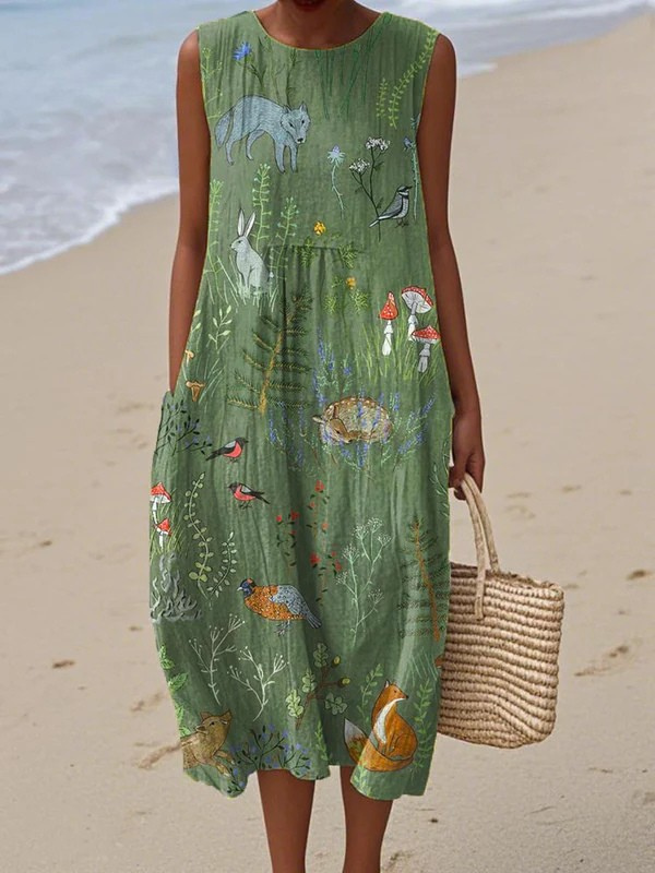 Vestido midi para mujer con estampado natural de bosque, sin mangas y confeccionado en tejido ligero