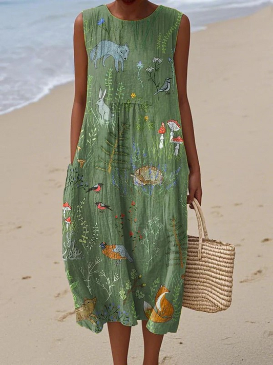 Vestido midi para mujer con estampado natural de bosque, sin mangas y confeccionado en tejido ligero