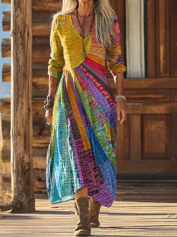 Vestido midi bohemio para mujer con estampado multicolor y escote en V, fluido y cómodo