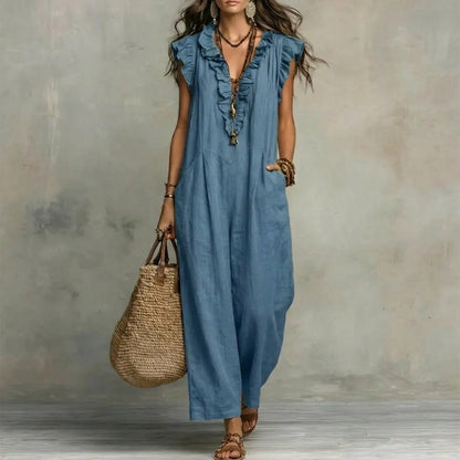 Vestido Largo con Textura de Lino con Escote en Pico y Volantes | Estilo Natural