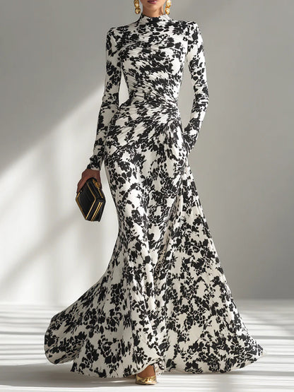 Vestido cruzado para mujer en blanco y negro con estampado artístico, tejido elástico y silueta elegante