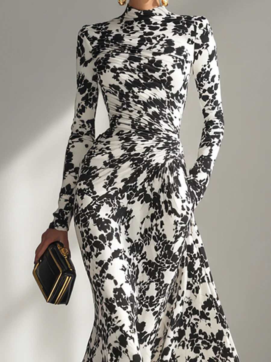 Vestido cruzado para mujer en blanco y negro con estampado artístico, tejido elástico y silueta elegante
