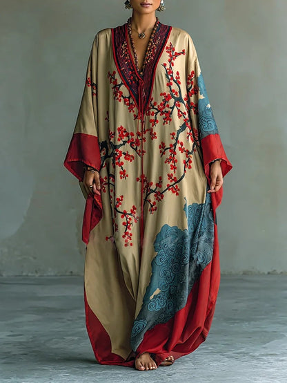 Vestido largo femenino de estilo japonés con estampado de flores de ciruelo rojo y mangas murciélago