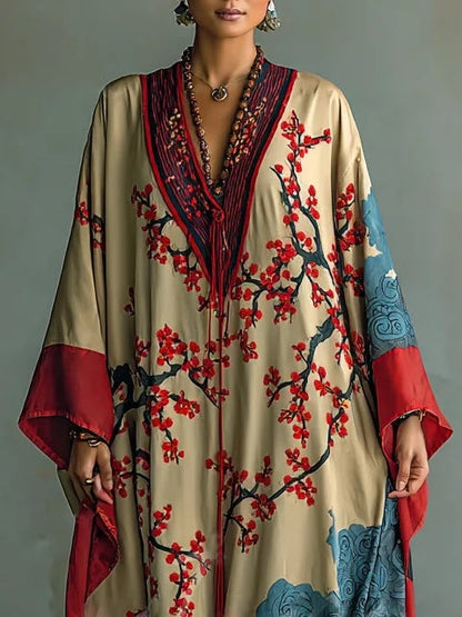 Vestido largo femenino de estilo japonés con estampado de flores de ciruelo rojo y mangas murciélago