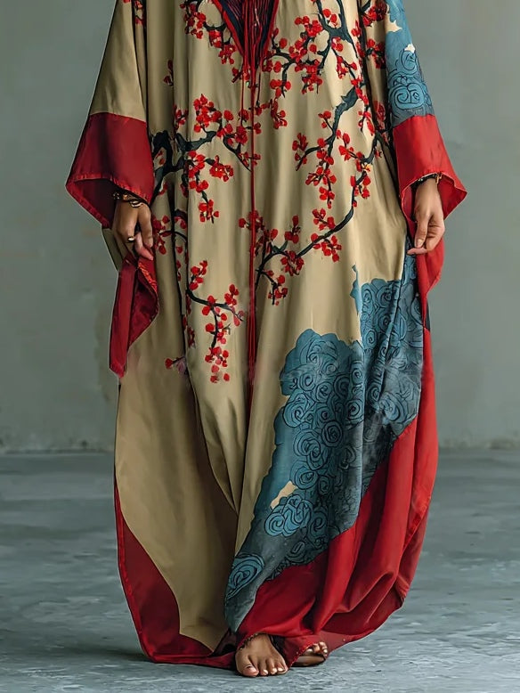 Vestido largo femenino de estilo japonés con estampado de flores de ciruelo rojo y mangas murciélago