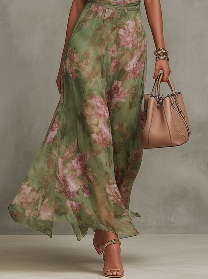 Vestido Largo Verde Floral en Chiffon con Escote | Estilo Elegante