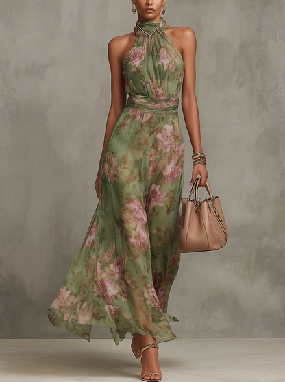 Vestido Largo Verde Floral en Chiffon con Escote | Estilo Elegante