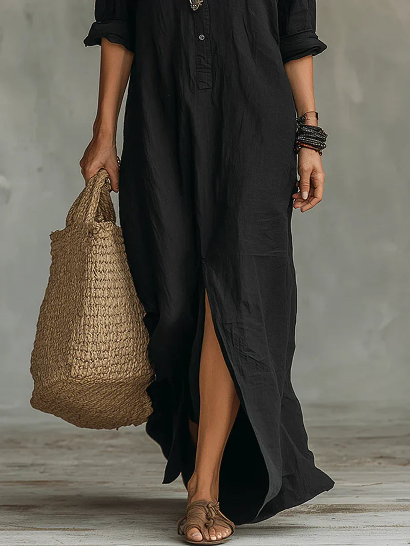 Vestido Maxi Negro Holgado con Botones | Estilo Relajado