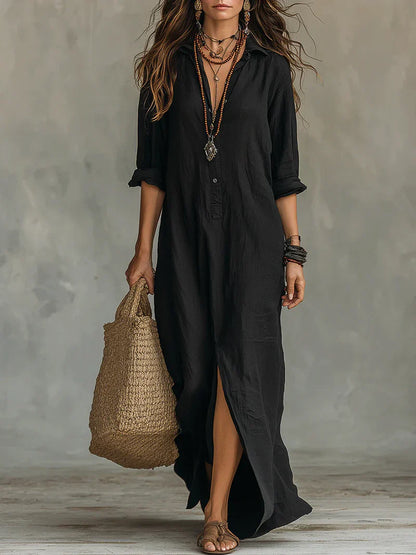 Vestido Maxi Negro Holgado con Botones | Estilo Relajado