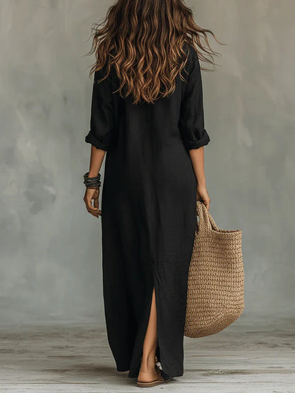 Vestido Maxi Negro Holgado con Botones | Estilo Relajado