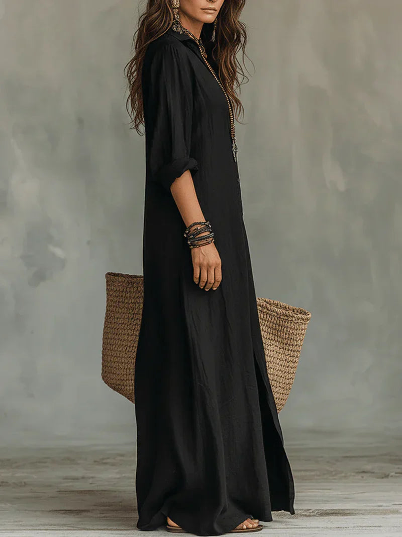 Vestido Maxi Negro Holgado con Botones | Estilo Relajado