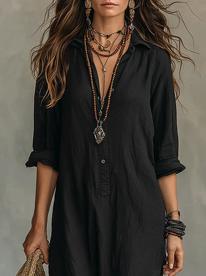 Vestido Maxi Negro Holgado con Botones | Estilo Relajado