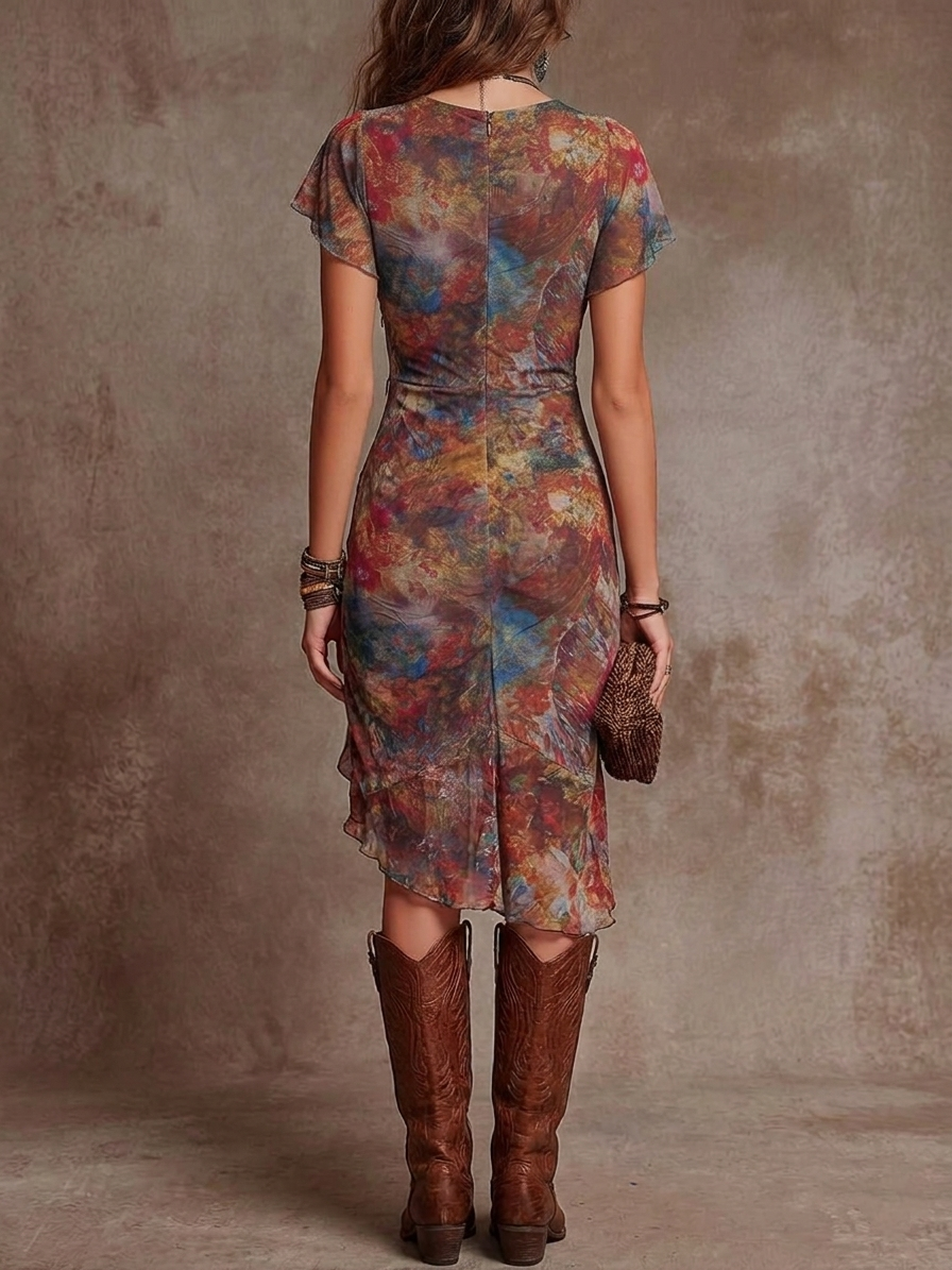 Vestido Midi Plisado con Escote en V Estampado Artístico Abstracto | Estilo Arte