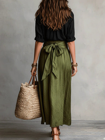 Pia | Conjunto de Dos Piezas con Camiseta Negra y Falda Midi Verde Olivo