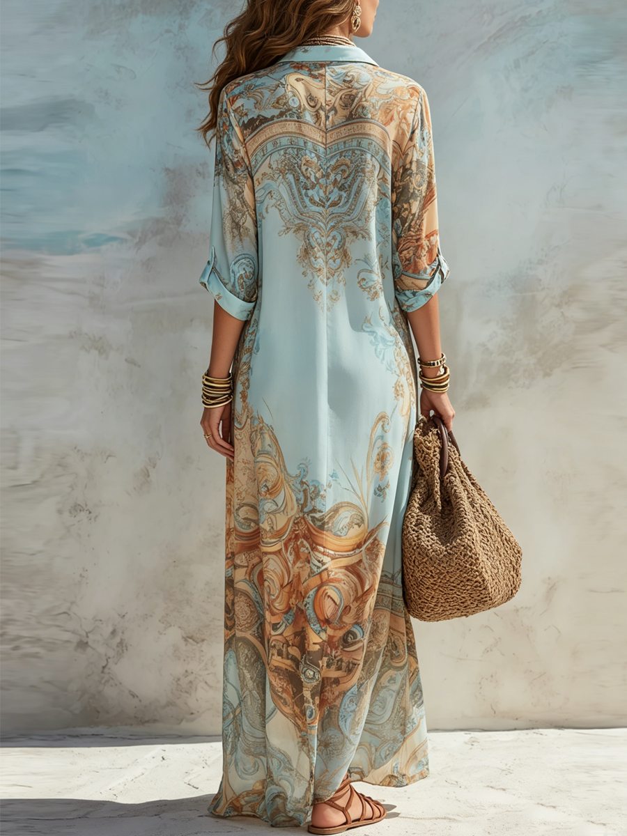 Vestido maxi camisa de lino estilo mediterráneo para mujer - Elegancia veraniega