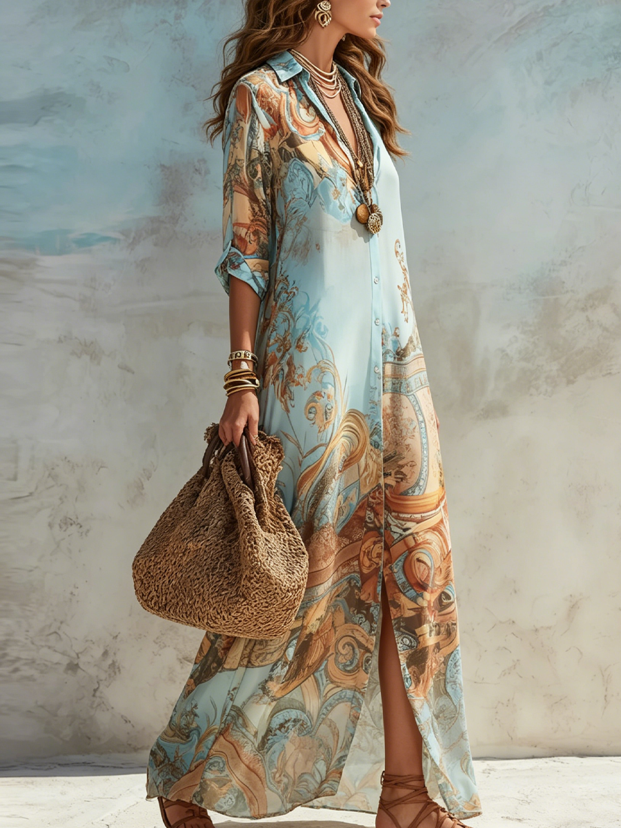 Vestido maxi camisa de lino estilo mediterráneo para mujer - Elegancia veraniega