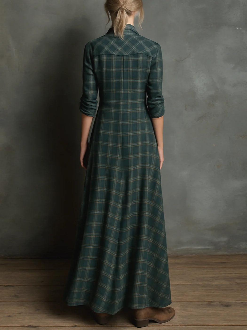 Vestido largo a cuadros verdes para mujer, elegante y ligero para otoño