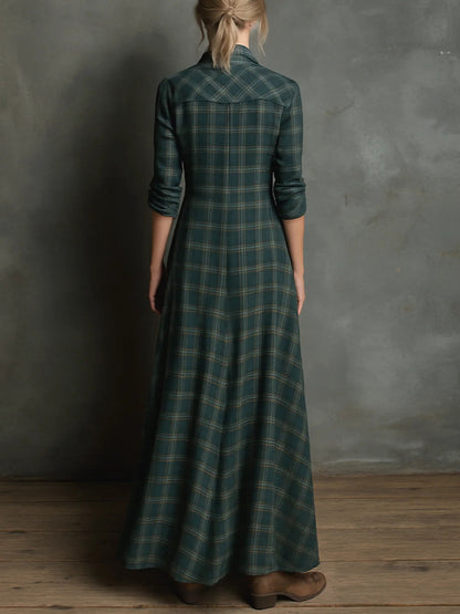 Vestido largo a cuadros verdes para mujer, elegante y ligero para otoño