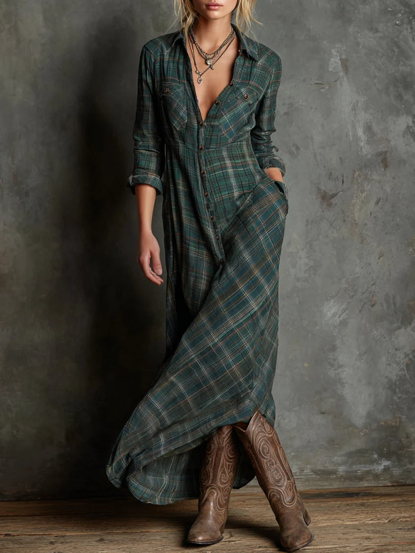 Vestido largo a cuadros verdes para mujer, elegante y ligero para otoño